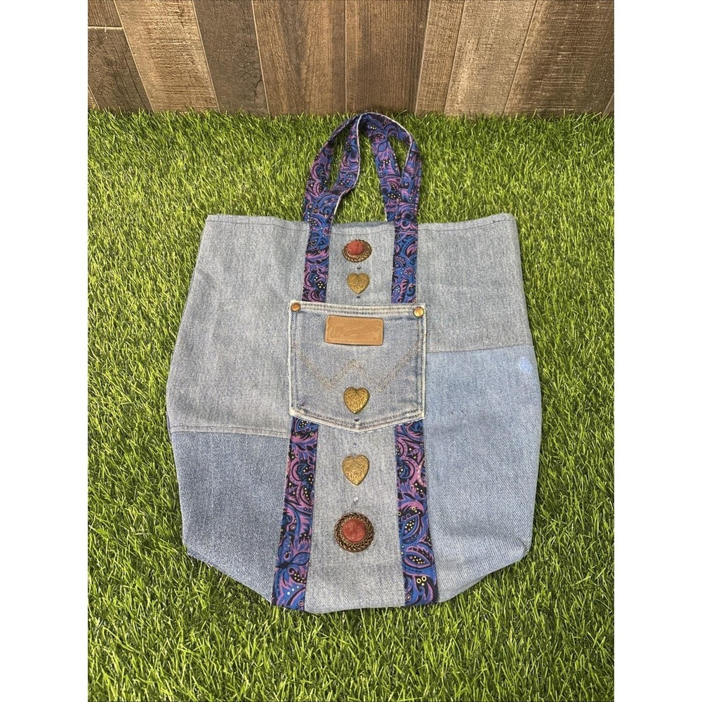 Vintage Y2K Handmade Denim Tote Bag Wrangler Patch Upcycled Jeans